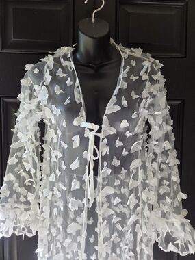 Vintage Sheer Butterfly Embroidered Duster - White